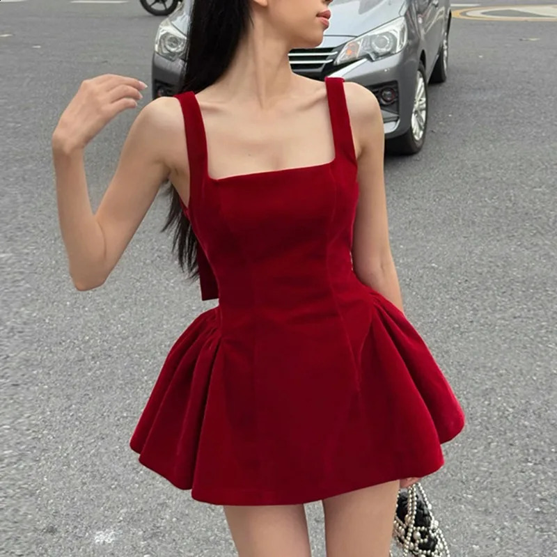 Tuularose Red Bow Dress Womens Sexy Backless Slim Tank Top A Line Sleeveless Spaghetti Straps y Party Evening 250305