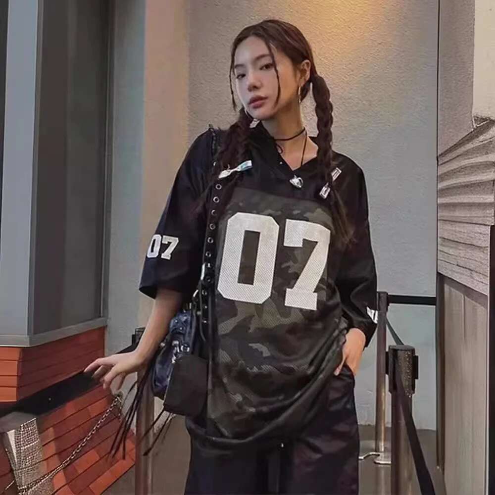2024 New Trendy No. 07 Retro Hip-Hop Loose Jersey Short-Sleeved Women's Summer High Street American Half-Sleeved Top