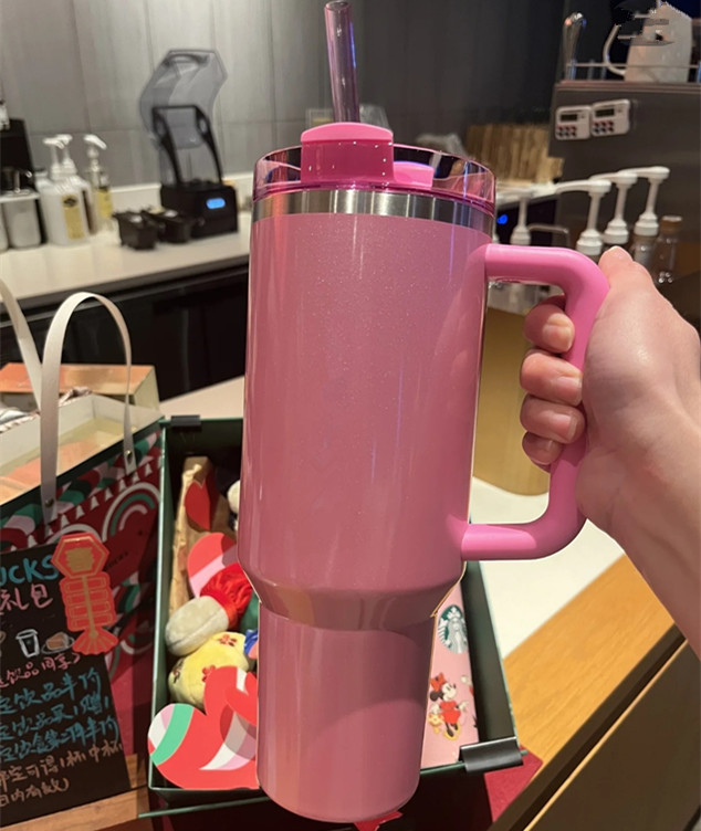 US Stock Cobrand Winter Pink Flamingo 40oz Mugs Stainless Steel Tumblers With Handle Insulated Lids Straw Coffee Termos Water Bottles Travel Car Cups 