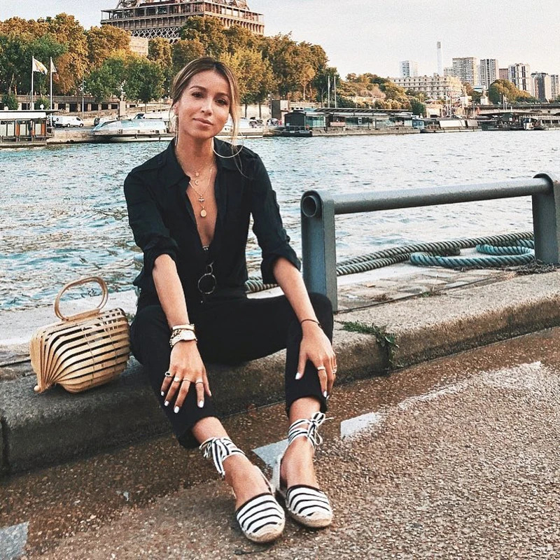Summer Flat Sandals Women Lace up Stripe Black Flats Espadrilles Shoes for Woman INS Style Ankle Strap Girls Beach Sandals 250228