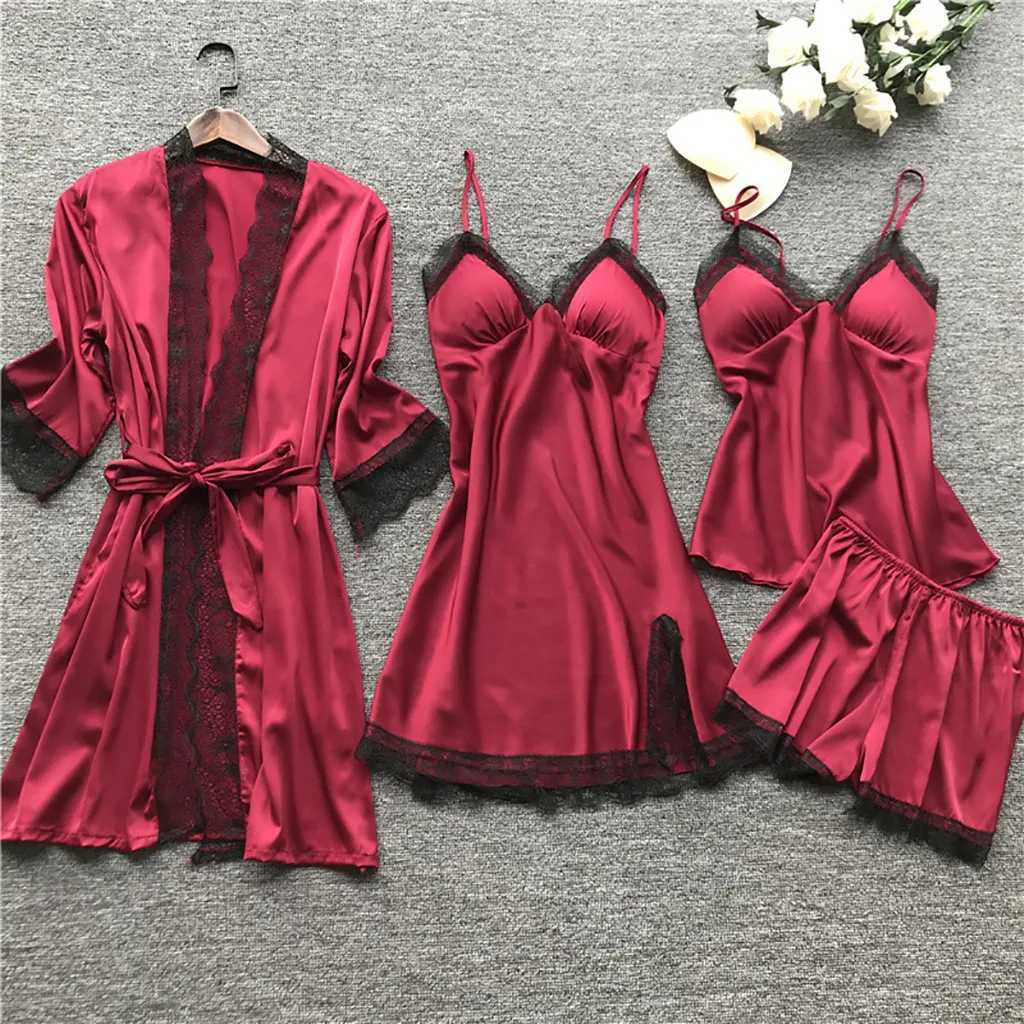 Lace Silk Pajamas Set Nightdress Sexy Lingerie Robe Women Sleepwear 4 Pieces Suits Sleeping Top And Shorts Femme Pijama Mujer PjT250305