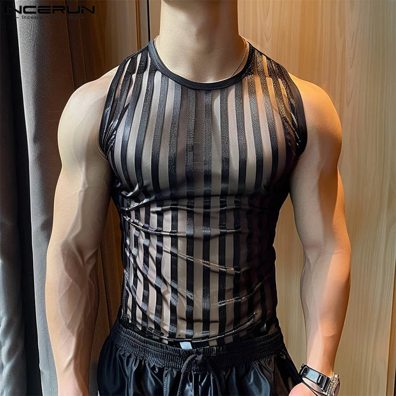 INCERUN Men Tank Tops Striped Mesh Patchwork O-neck Sleeveless Male Vests Summer Streetwear Fashion Sexy Men Clothing S-5XL 250227