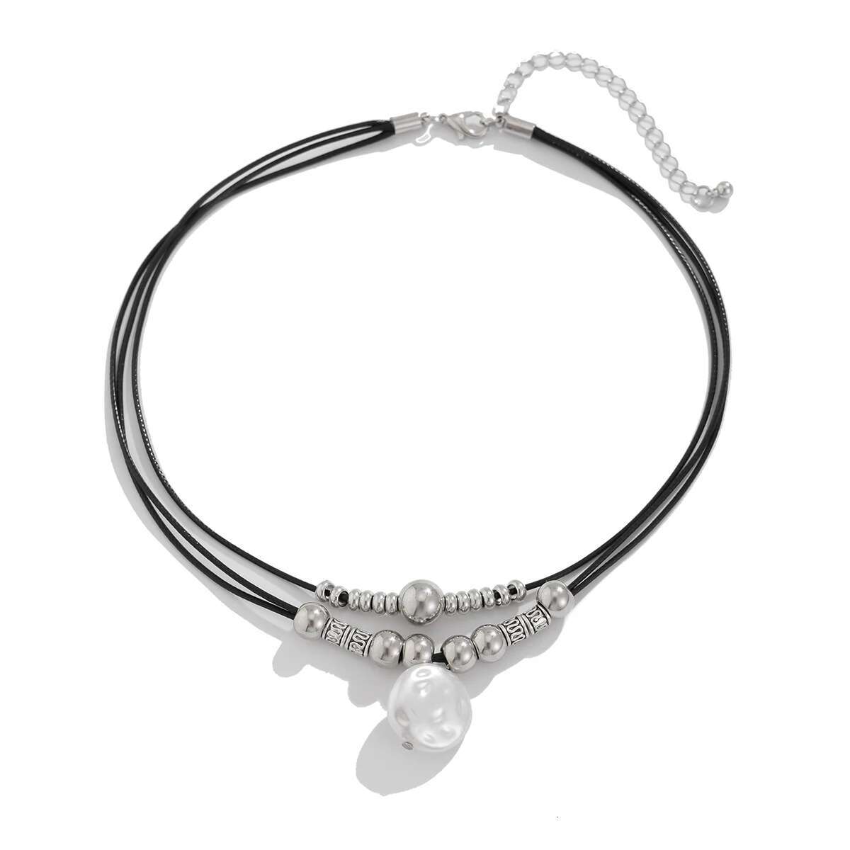 KunJoe Vintage Multilayer Leather Rope Chain Plastic Beads Choker Short Women Simple Imitation Pearl Pendant Necklace