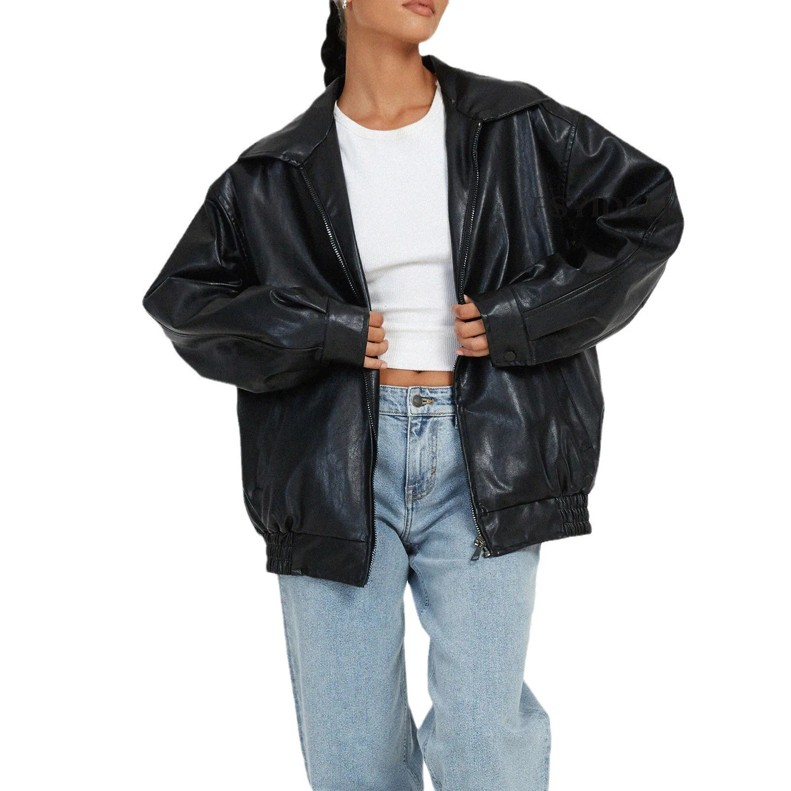 Brown PU Leather Jacket 2025 Womens AutumnWinter Solid Color Casual Loose Oversized Zipper Coat with Pockets Female 250226
