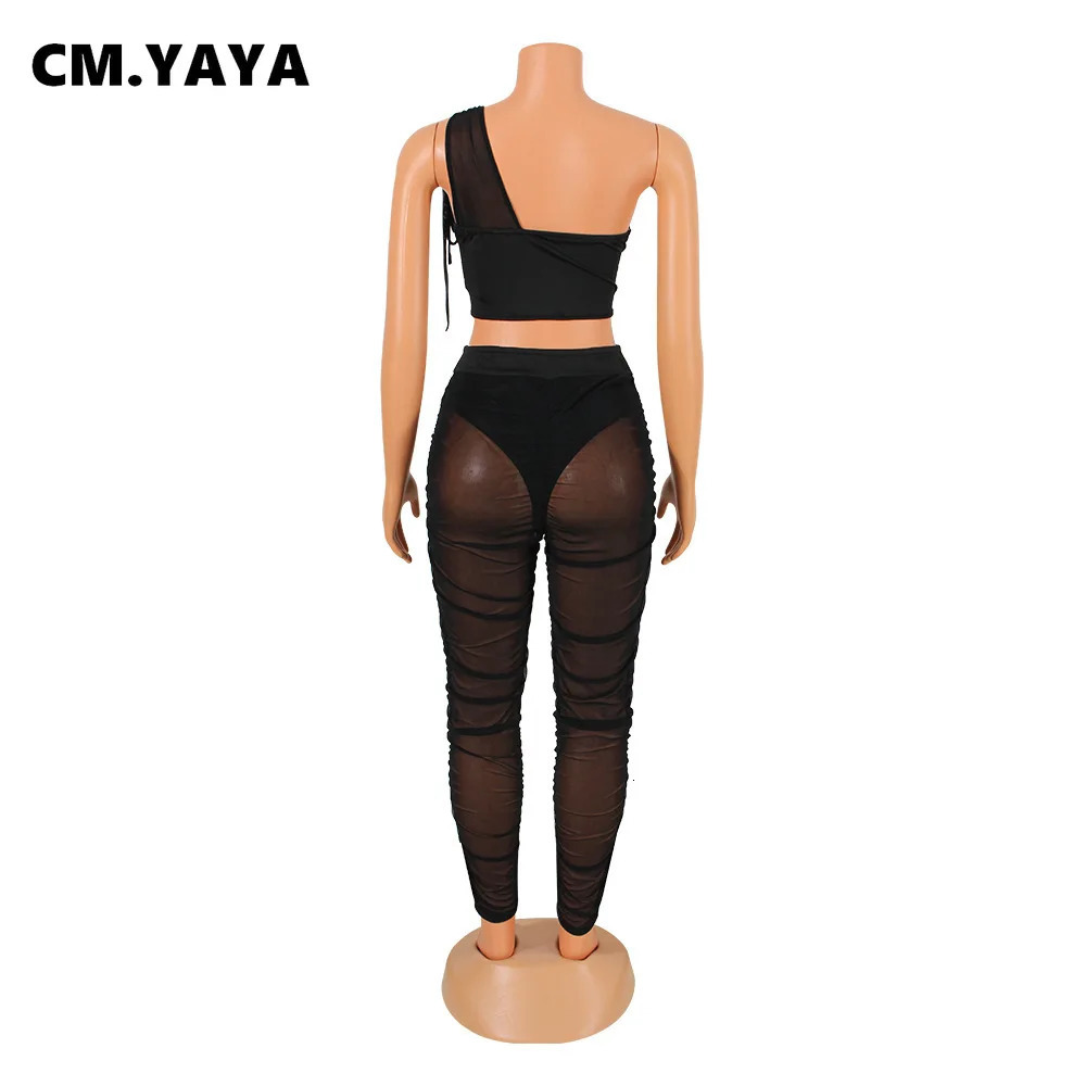 CM.YAYA Mesh See Though Womens Set One Shoulder Sleeveless Crop Top and Stacked Pants Suit Two 2Piece Set Outfit Tracksuit 250304