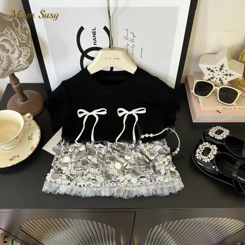 Fashion Baby Girl Clothes Set Bow Print TshirtSequins Skirt 2PCS Infant Toddler Teens Child Sparkle Suit Kid Clothes 1-12Y 250304