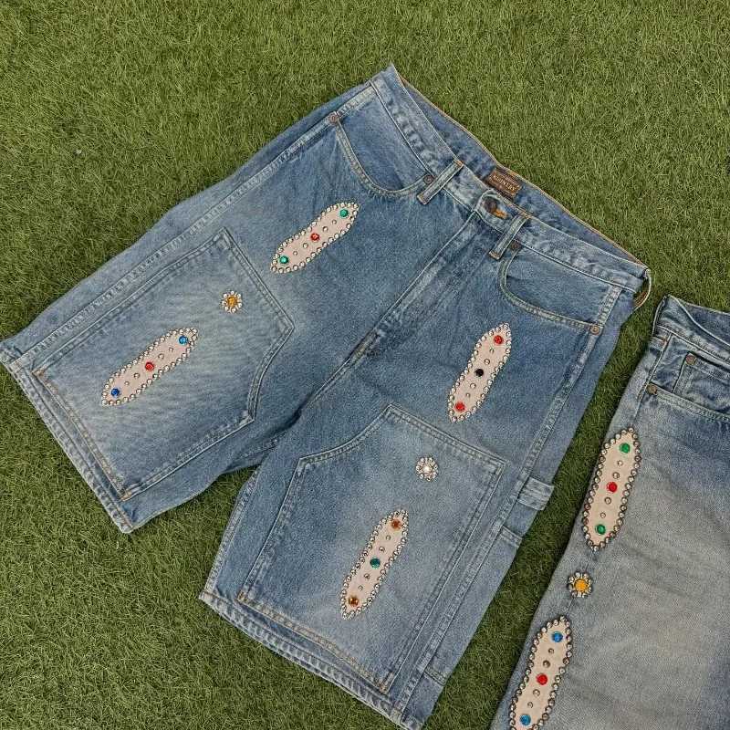 Streetwear New Fashion Blue Washed Diamond Baggy Denim Shorts Women Y2K Harajuku Vintage Hip Hop Popular Casual Joker ShortsT250305
