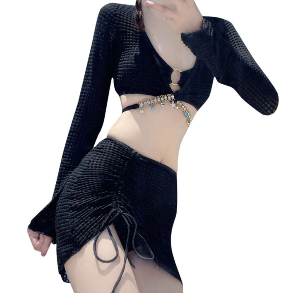 Bikini Sexy 4Pcs Set Women Split Swimsuit Backless Halter Tankini Triangle With Mesh Cover Up And Beach Mini Skirts Bathing Suit Km-Ly