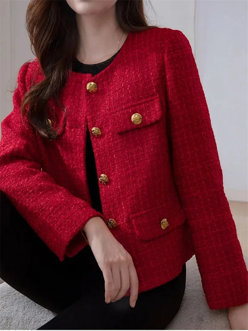 Womens Jacket Spring Autumn Red Tweed Small Fragrance Coat Short Blazers Korean Fashion Elegant Female Tops Outerwear 250304