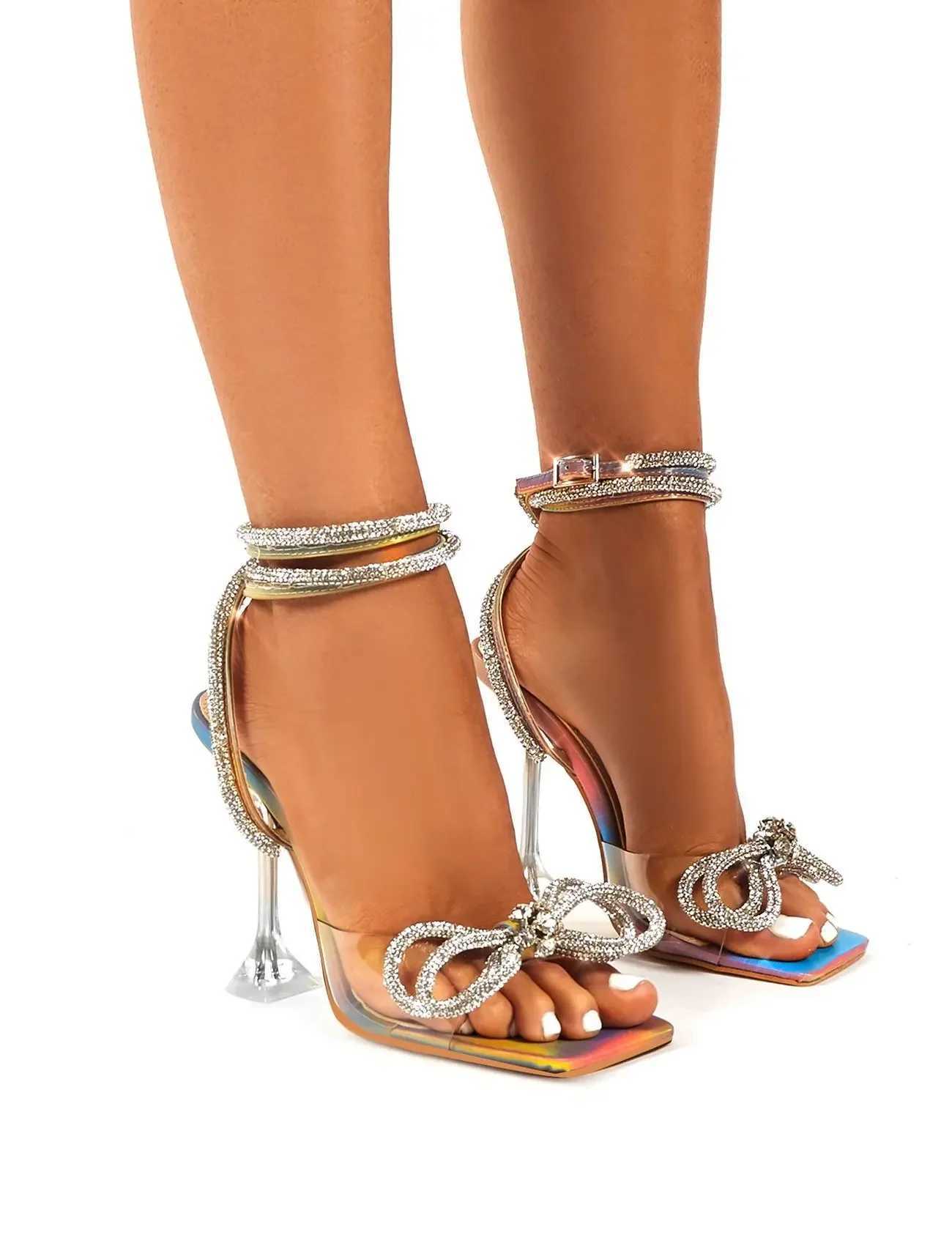 Comemore 2025 Rhine Bowknot Women Sandals Transparent High Heels Summer Sexy Square Toe Ankle Buckle Strap Shoes StilettoXJ2500305