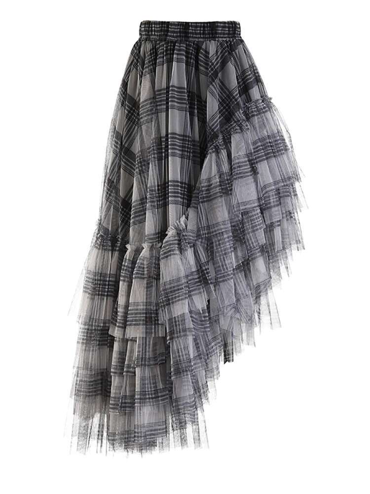 High Elastic Waist Red Plaid Mesh Irregular Long Casual Half-Body Skirt Women Fashion Tide New Spring Autumn