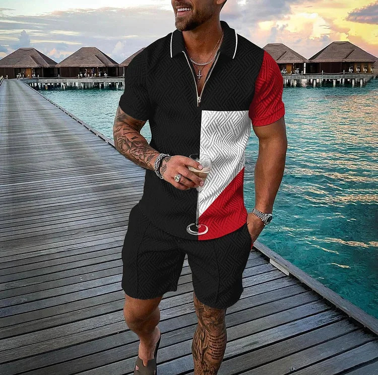 Mens Summer Tracksuit Sports Suit Men Set 3D Printed Casual Short Sleeve T Shirt Lapel Zip Polo Shirt Male Clothing Jogging 250304