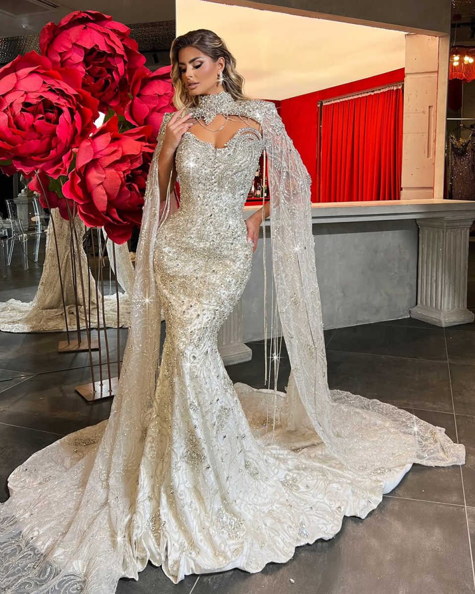 Exquisite Mermaid Wedding Dress High Collar Long Sleeves Bridal Gowns Appliques Crystal Sweep Train Dresses Custom Made vestidos de novia