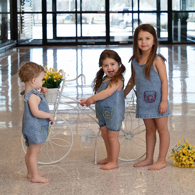 Summer denim collection girls dress set cute baby rompers boys casual shirt girls skirt family clothing set contrast pockets 250326