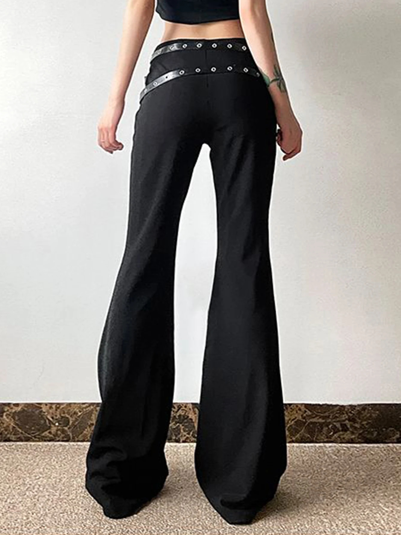 Summer European And American Style Bell Bottoms Fashion Womens Trend Leather Buckle Waist Tight Trousers Woman 250304