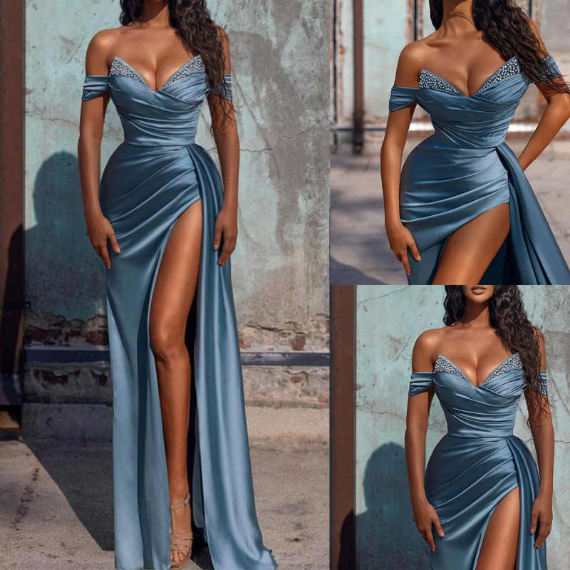 Classic A Line Evening Dress Beaded Off Shoulder Prom Gowns High Splits Pleats Sweep Train Quinceanera Party Dresses Customized