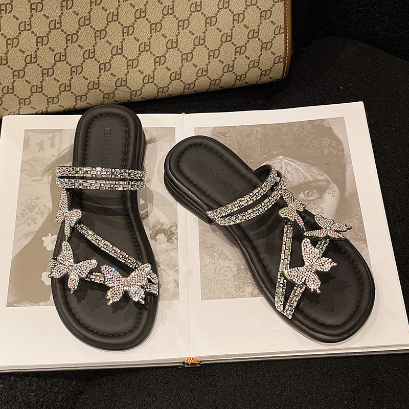 2025 New Exquisite Women's Summer Outdoor Flat Shoes Designer Women's Butterfly Water Diamond with Skirt Sandals Trendy Slippers