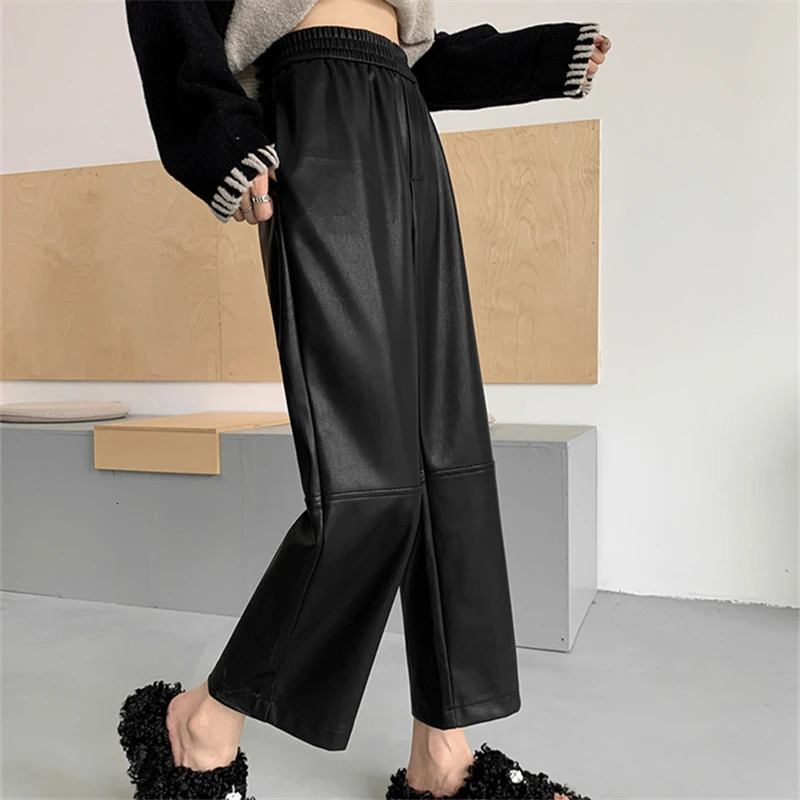 Autumn Winter PU Leather Womens Ankle Length Pants 2024 Korean High Waist Black Straight Loose Pocket Female 250304