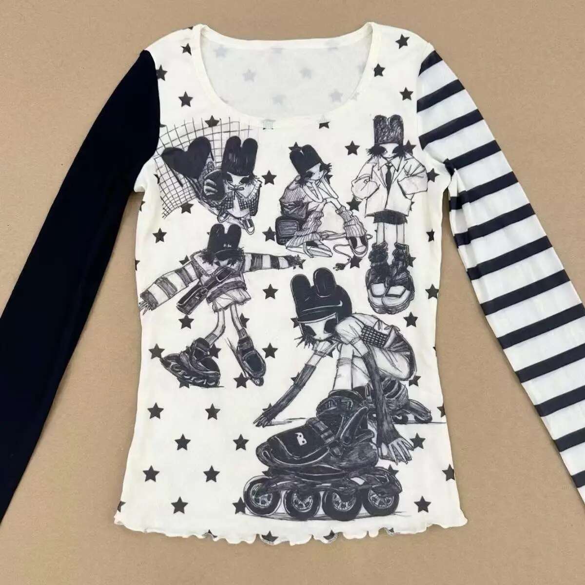 Y2k Ing Asymmetric Long Sleeves Haruku Gothic Graffiti Design Stars Stripe Graphic Slim Fit Tops Sexy Hot Girl Clothing