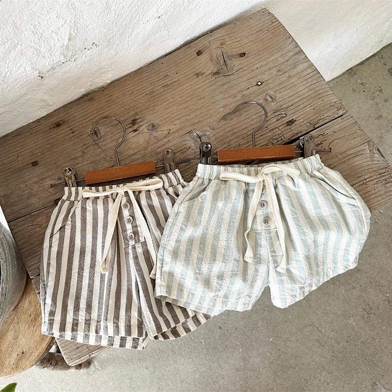 Vintage Linen Cotton Baby Boys Stripe Shorts Casual Buttons Pocket Baby Short Pants for Toddler Girls Clothing 0-24M 250304