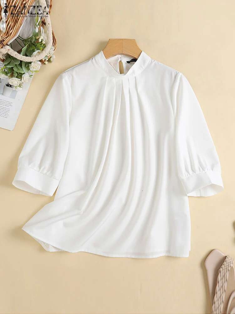 ZANZEA Summer Women Solid Work OL Shirt Fashion 3/4 Sleeve Casual Pleated Tops Elegant Office Lady Blouse Female Loose Blusas