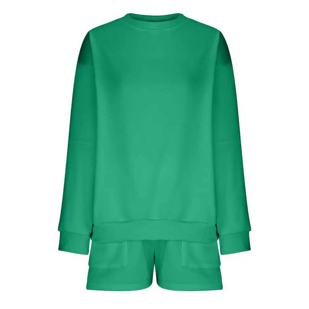 2 Pcs/Set Sweatshirt Shorts Set Loose Drawstring Elastic Waist Round Neck Elastic Cuff Soft Pockets Fall Spring Top Shorts Suit X250305