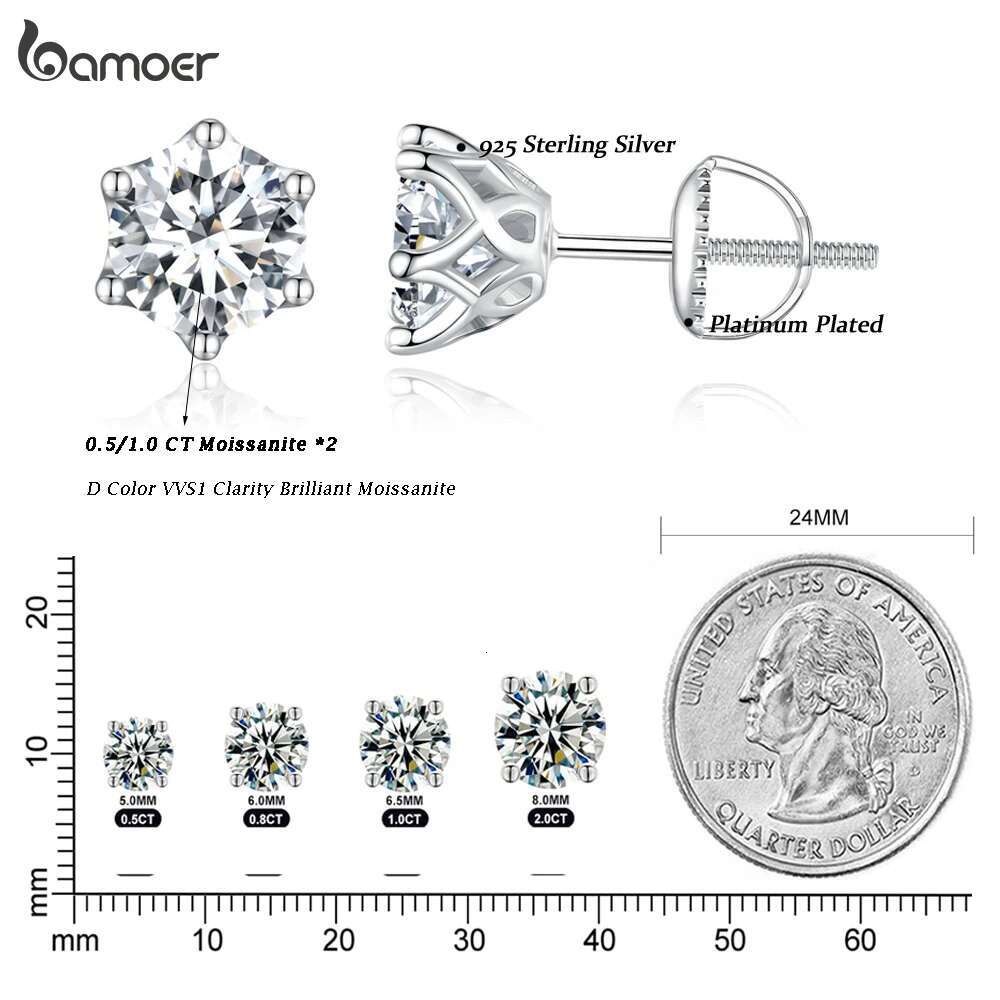 BAMOER Classic Moissanite Stud Earrings, S Sier D Color Brilliant Round Cut Lab Created Dia Wedding Engagement Earrings