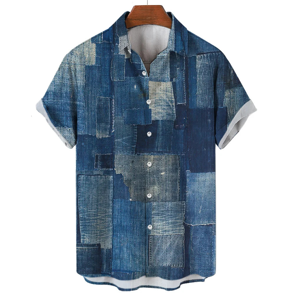 Vintage Shirts For Men 3D Print ShortSleeved Casual Lapel Shirt Oversized Mens Clothing Patchwork Tees Tops Plaid Streetwear 250227