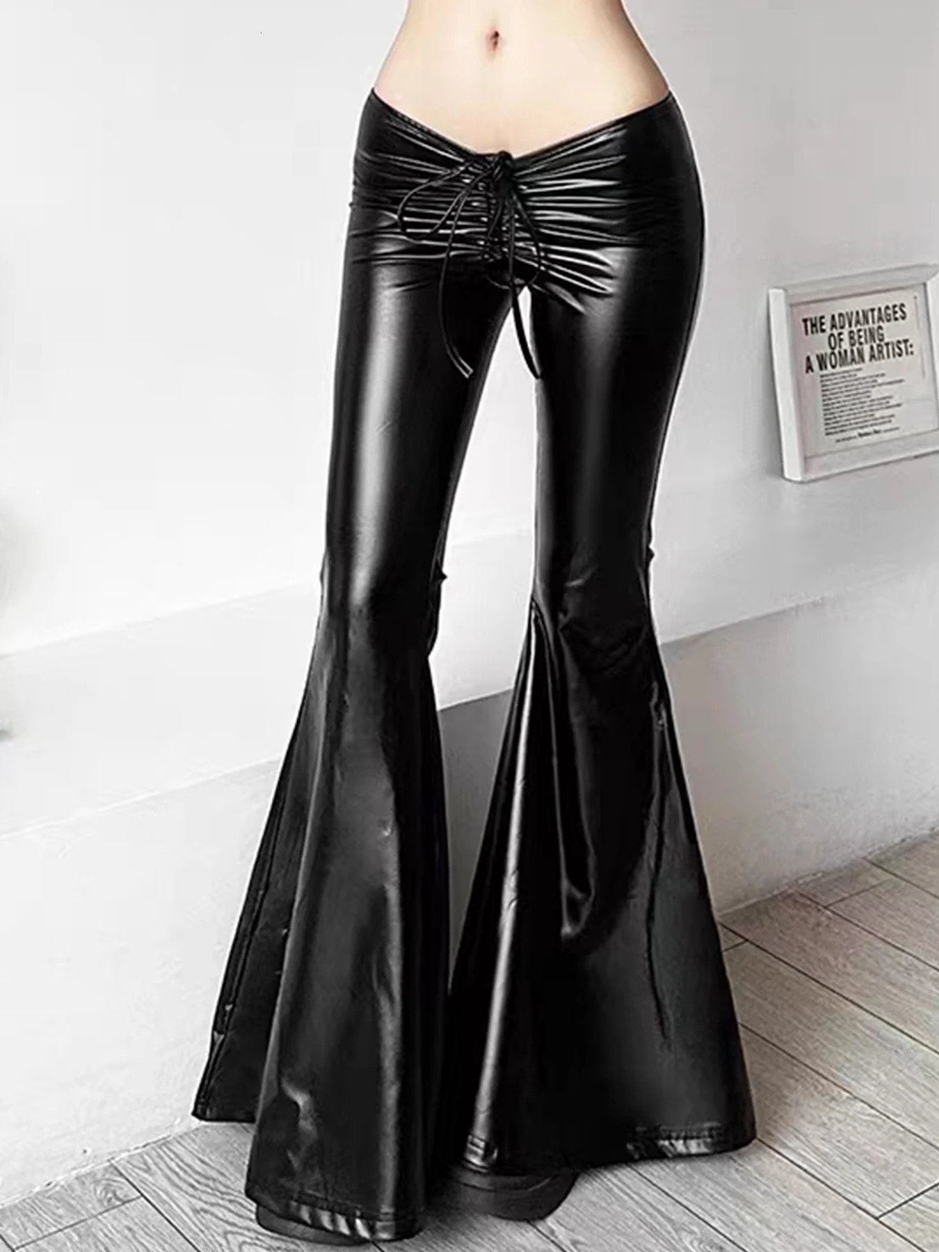 Personality Drawstring Folding Bow PU Leather Flare Pants Europe And The United States Sexy Low Waist Solid Color Pants 250304