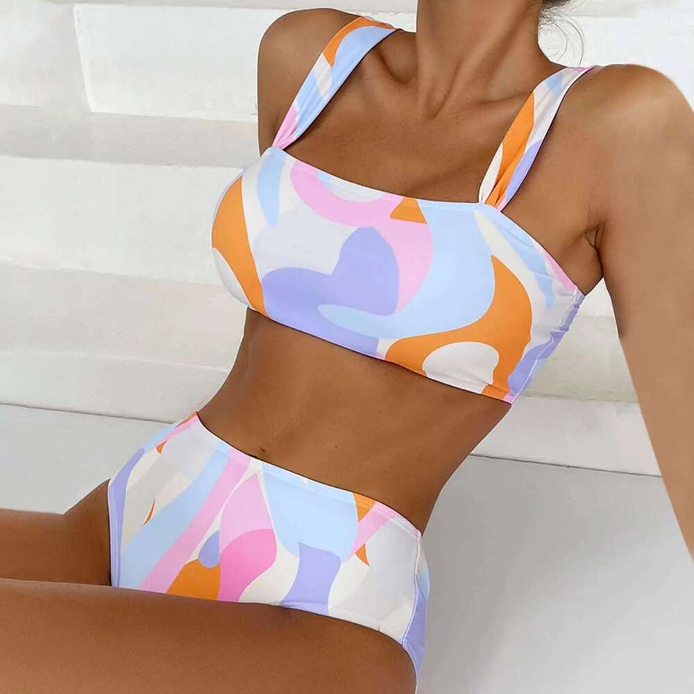 Hanging Female Neck Suspender Two Piece Fashion Print Swimsuit Tankini Swimwear Set Swim Tops For Women Km-Ly
