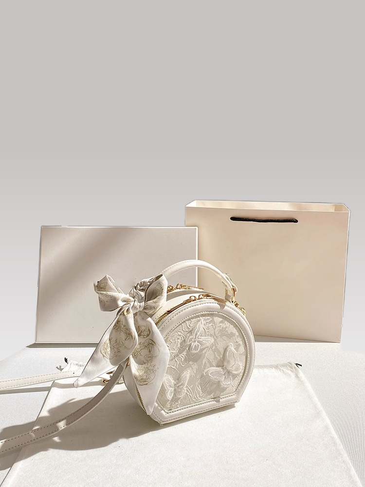 2025 Women's Circle Handbag with Delicate Butterfly Embroidery and Ribbon Decoration for Evening Parties and Banquets