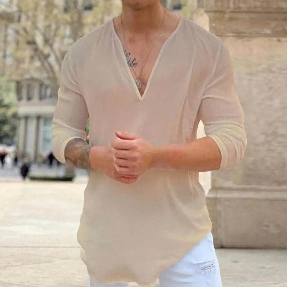 Mens deep Vneck dress top casual company stitched summer shirt suitable for daily life 250227