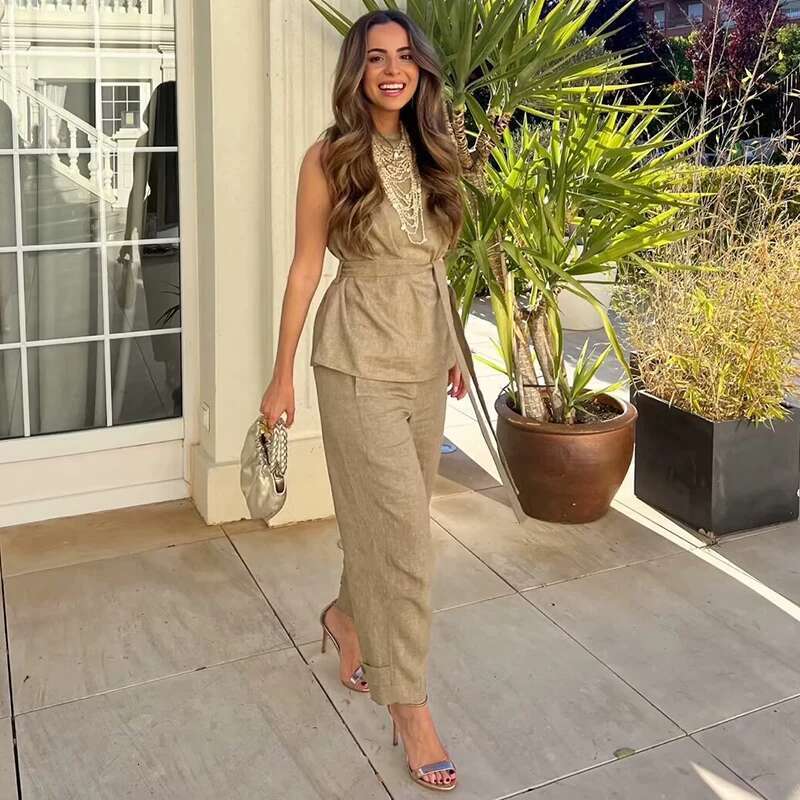 2024 New Women's Summer 2-Piece Elastic Waist Women Pants Sets Street Elegant Fashion Straight Belt Holiday Set
