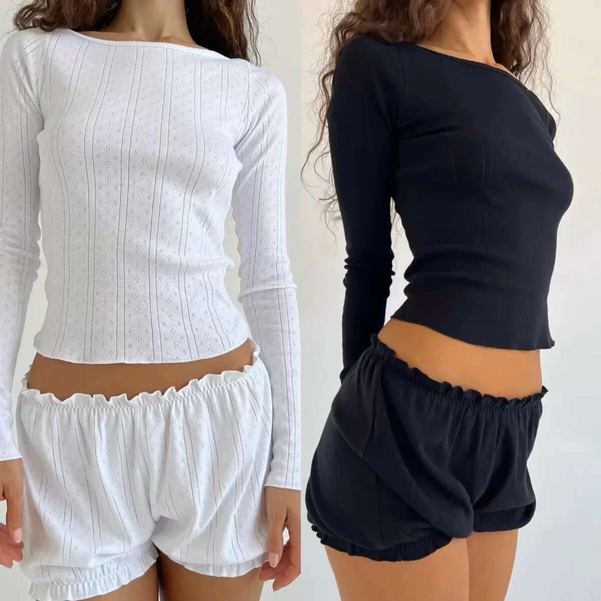 Coucou Long Sleeve T-Shirt Bract Shorts Homewear Set Organic Cotton Black And White Comfort Series