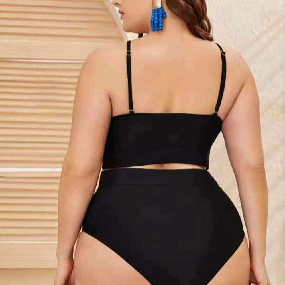High 2024 Waist Neck Plus Size Swimwear Women Large Sexy Black Mesh Bikini Set Chubby Big 2 Piece Swimsuit Bathing Suit Km-Ly