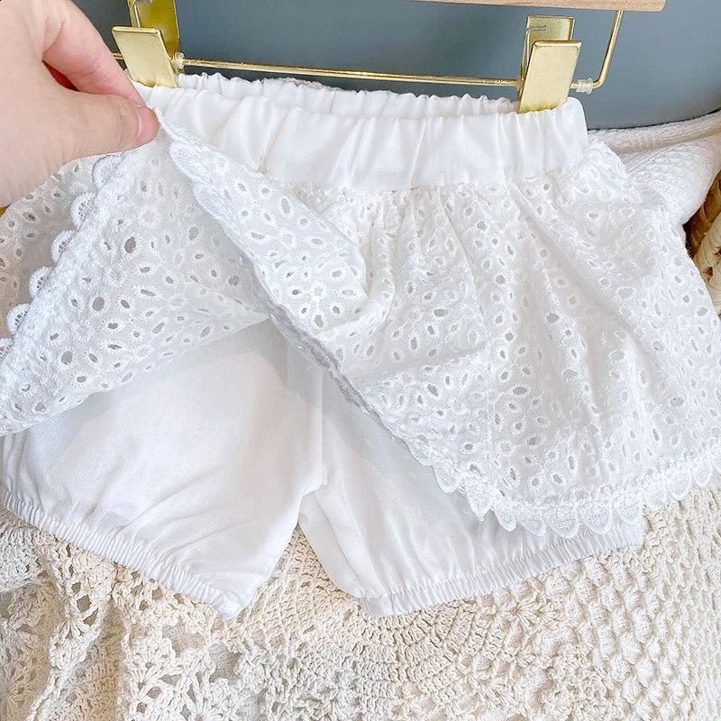 2PCS Kids Sets Summer Girl Clothes Children Hollow Lace Sleeveless Tops Shorts Set Fashion Baby Girl Cardigan Fake Two Suit 250305
