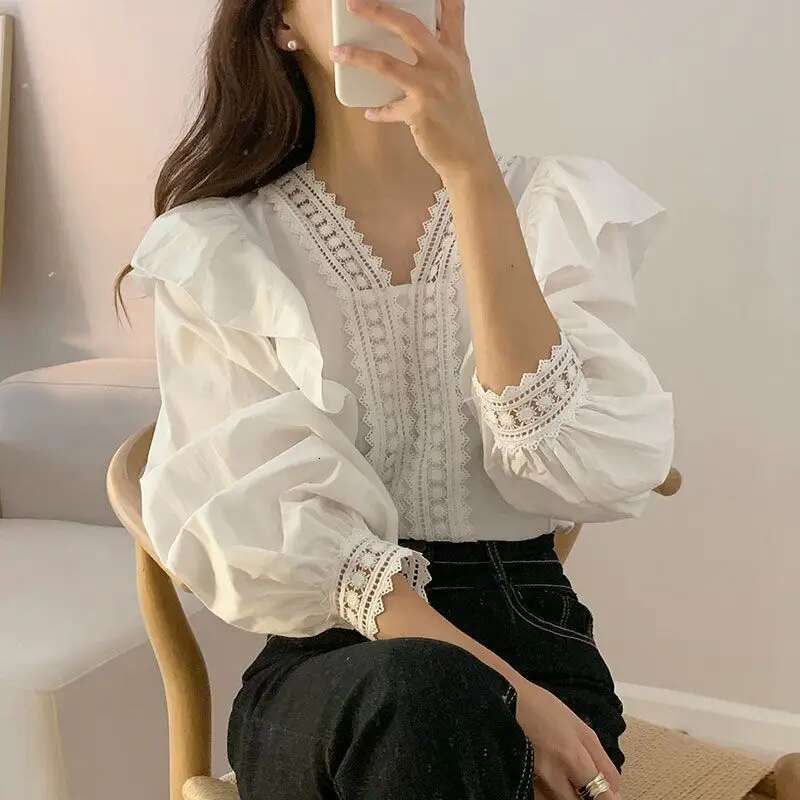 V-Neck Ruffles Puff Women Blouse Tops Long Sleeve White Shirts Fashion Casual Office Lady Elegant Clothing