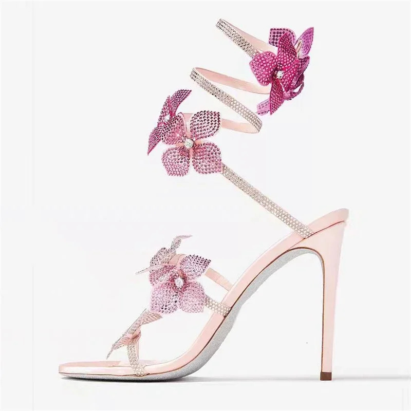 Crystal Flower Thin High Heels Sandals for Women - hot Street Style, Narrow Band Ankle Strap, Pole Dancing Shoes