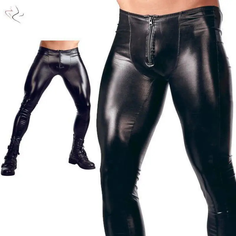 Autumn and Winter Skin Tight Muscle Mens Gladiator Solid Black PU Low Waist Elastic Leather Pants 250304