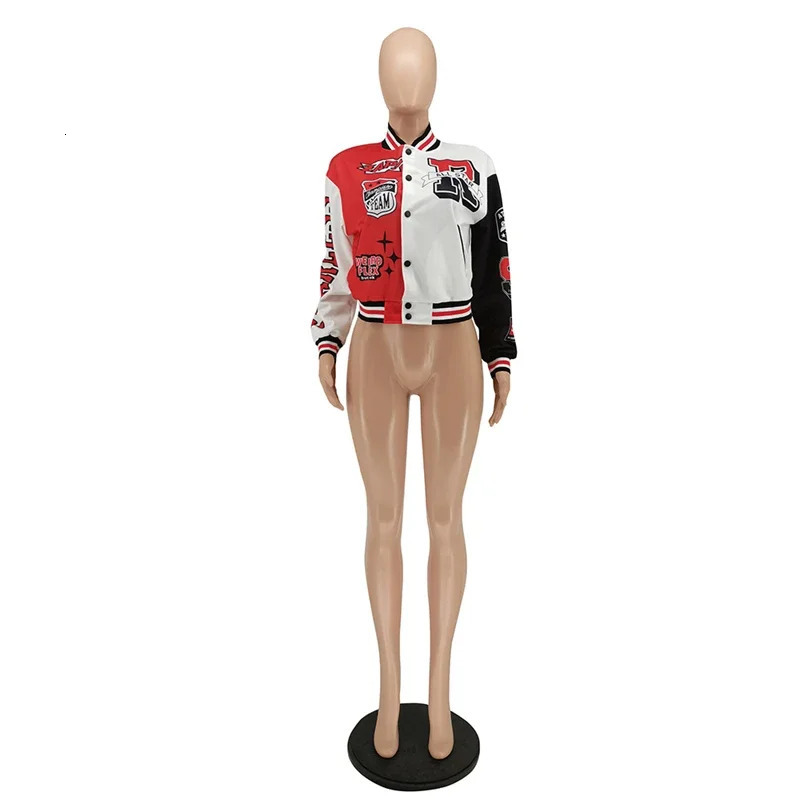 Fashion Print Bomber Jackets for Women Color Patchwork Stand Collar Buttons Long Sleeve Short Baseball Varsity Coats Streetwear 250304