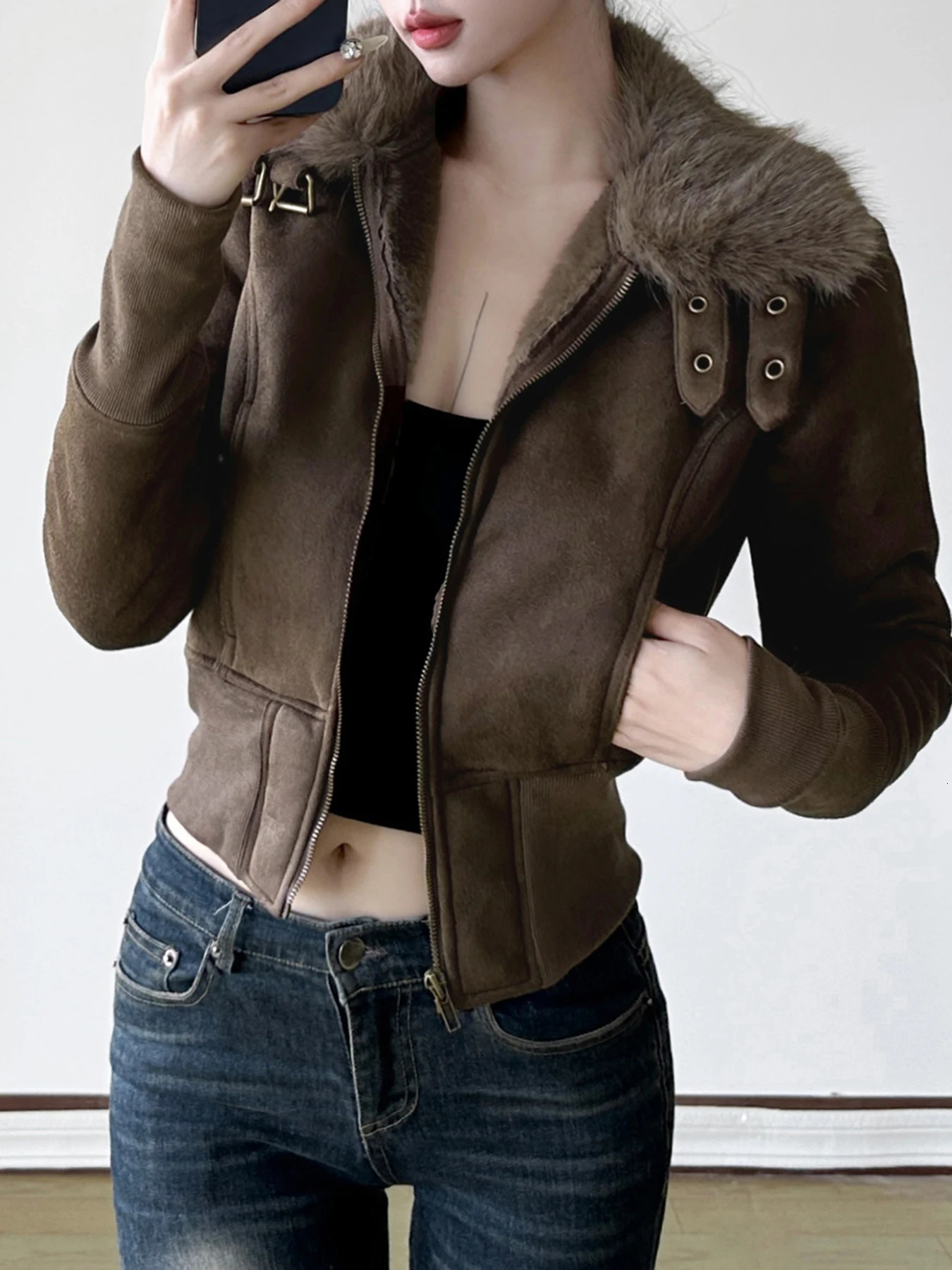 Fashion Warm Chamois Jackets Long Sleeve Plus Velvet Faux Collar Zipper American Retro Thickened Coat 250226