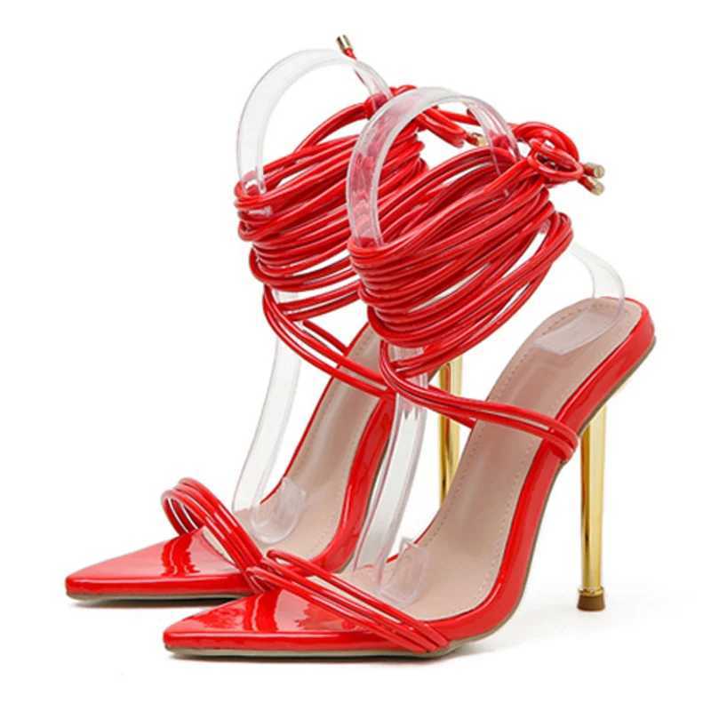 Summer 12CM Gladiator Heels Sandals For Women Fi Pointed Open Toe Lace-Up Stiletto Ladies Strappy Wedding Shoes Black RedXJ2500305