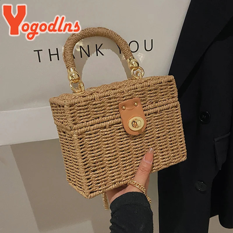 Yogodlns Summer Straw Bag Women Handmade Rattan Box Shoulder Bag Travel Vacation Beach Bag High Quality Square Bag Purse Bolsa 250304