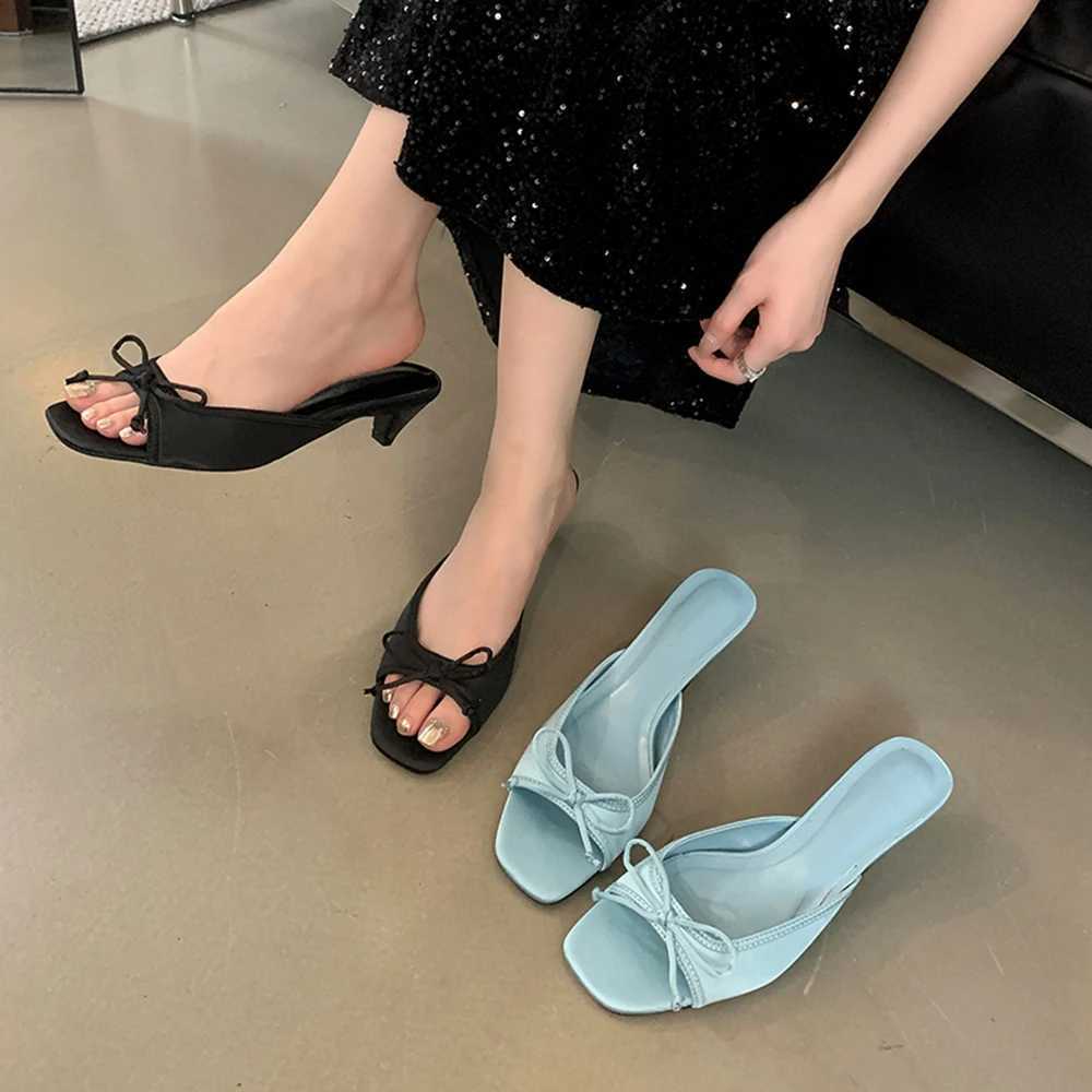 Aneikeh 2025 New Cfortable Low Heel Square Sandals Sweet Bow Silk Thick Heel Slippers for Ladies Outwear Blue Slides Y250304