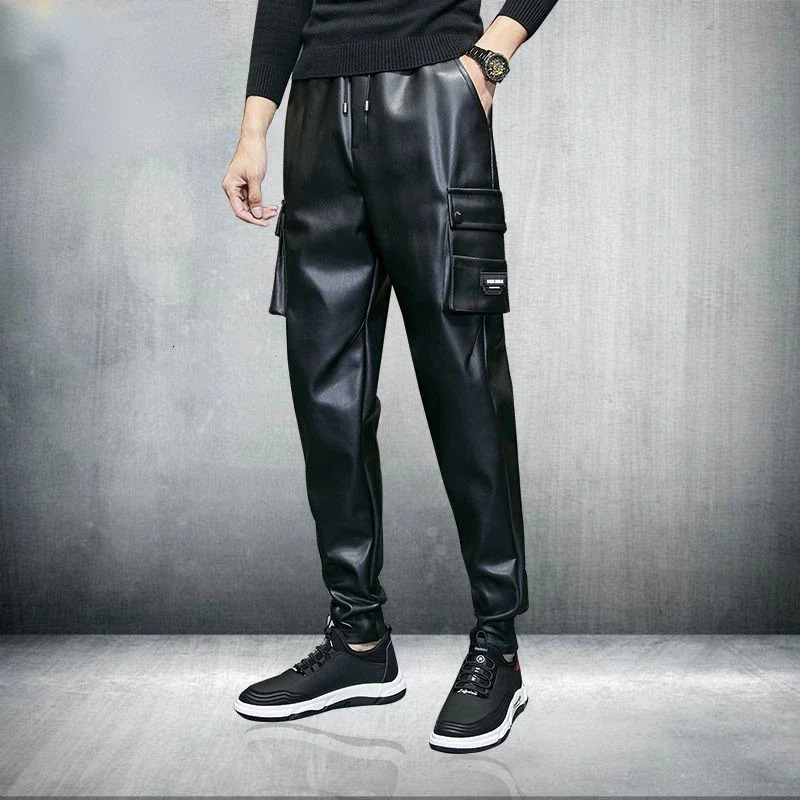 Leather pants mens winter elastic waist high casual weight loss waterproof windproof military leather cargo 250304