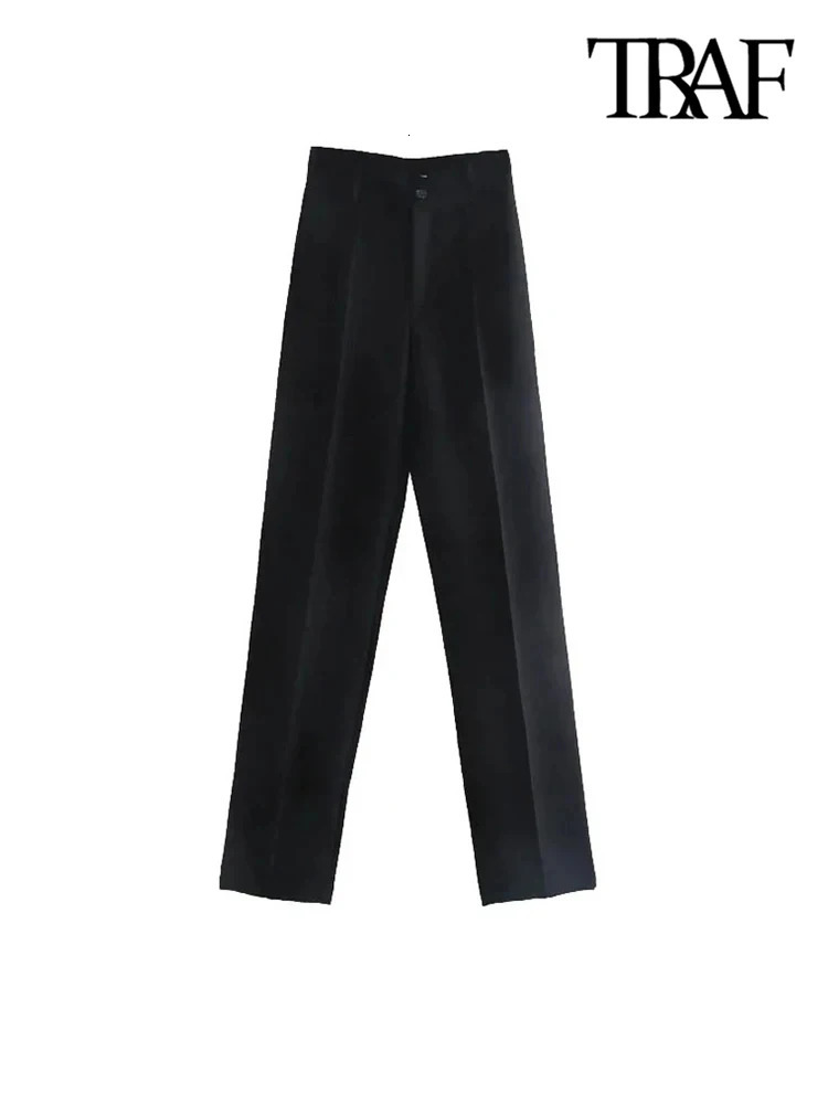 TRAF Women Chic Fashion Office Wear Straight Pants Vintage High Waist Zipper Fly Female Trouser 250304