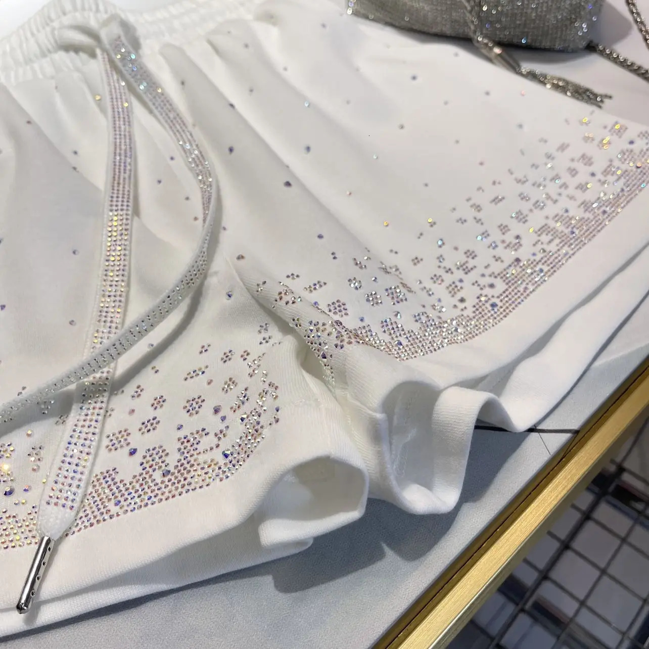 2024 Summer Pink Short European Products Diamond High Waist Small Loose Wide Legs A Casual Bathroom Pants 250304