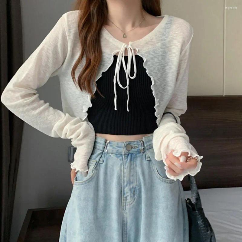 Womens Knits Summer Women Thin Sunscreen Cardigan Lace-up Knitwear Tops Female Korean Style Lantern Sleeve Short Coat Casual Sun Protected