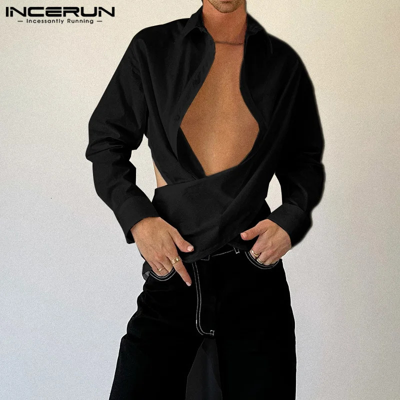 INCERUN Men Fashionable Shirts Turn Down Collar Long Sleeve Button Down Backless Tops Back Hollow Out Lace Up Bow Knot Blouse 250304