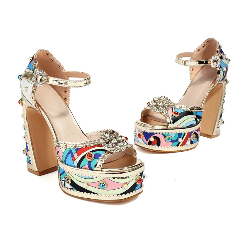 Womens Spring/Summer Diamond Pearl Flower Thick Sole Waterproof Platform High Heel Open Toe Bag Heel Sandals 250228